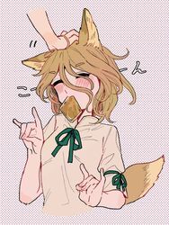  1other aburaage animal_ears blush bow breasts brown_hair closed_eyes closed_mouth commentary commentary_request eating female fingernails food fox_ears fox_girl fox_shadow_puppet fox_tail green_bow grey_romper hair_between_eyes hand_on_another&#039;s_head hands_up highres ko~n kudamaki_tsukasa light_brown_hair medium_breasts oerba_yun_fang polka_dot polka_dot_background puffy_short_sleeves puffy_sleeves romper satomachi short_hair short_sleeves smile tail touhou translated white_romper 