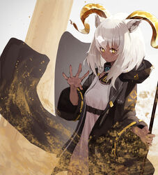  animal_ear_fluff animal_ears arknights bannouyakunta beeswax_(arknights) black_coat breasts coat cowboy_shot dark-skinned_female dark_skin dress elite_ii_(arknights) expressionless female glowing goat_ears goat_horns gold_horns grey_background hair_between_eyes holding holding_staff hood hooded_coat horns infection_monitor_(arknights) long_hair looking_at_viewer medium_breasts multicolored_hair open_clothes open_coat open_mouth originium_arts_(arknights) sand sidelocks simple_background solo staff strap streaked_hair white_dress white_hair wide_sleeves 