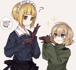  2girls ? apron bad_id bad_twitter_id black_gloves blonde_hair blue_eyes blue_jacket blunt_bangs canine commentary cutlass_(girls_und_panzer) fox_shadow_puppet frilled_apron frills girls_und_panzer glove_pull gloves green_jumpsuit imagining jacket jumpsuit katyusha_(girls_und_panzer) light_frown long_sleeves looking_at_viewer maid_headdress military military_uniform multiple_girls ooarai_military_uniform pravda_military_uniform shirt short_hair smirk sparkle standing thought_bubble uniform waist_apron yellow_eyes yuuyu_(777) 