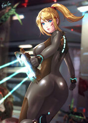  adapted_costume artist_name ass black_bodysuit blonde_hair blood blood_on_face blue_eyes blurry blurry_background bodysuit breasts commentary covered_nipples dead_space esther_shen female from_behind glowing high_ponytail holding holding_weapon impossible_bodysuit impossible_clothes large_breasts lips long_hair looking_at_viewer looking_back metroid mole mole_under_mouth neon_trim plasma_cutter ponytail samus_aran science_fiction shiny_clothes signature simple_background skin_tight weapon zero_suit 