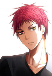  &gt;:( 1boy akashi_seijuurou black_shirt chinese_commentary closed_mouth collarbone frown heterochromia kuroko_no_basuke male_focus portrait red_eyes red_hair shirt short_hair sidelighting solo v-shaped_eyebrows xuan_zhi_yue_ying yellow_eyes 