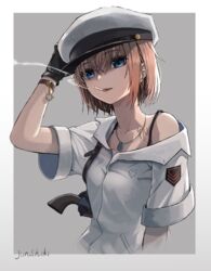  artist_name black_gloves blue_eyes brown_hair cigarette collarbone female gloves gun hand_on_headwear hat highres holding holding_weapon jewelry junshiki looking_at_viewer military military_hat military_uniform necklace open_mouth original parted_lips revolver short_hair simple_background smoking solo uniform upper_body weapon white_hat 