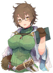  aussa_(yu-gi-oh!) aussa_the_earth_channeler belt book breasts brown_eyes brown_gloves brown_hair cork duel_monster female glasses gloves green_sweater hand_up highres holding holding_book hooded_robe jewelry kujira_hebi large_breasts long_sleeves necklace open_clothes open_mouth open_robe ribbed_sweater robe short_hair simple_background solo sweatdrop sweater test_tube turtleneck turtleneck_sweater upper_body vial white_background yu-gi-oh! 