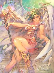  angel_wings armor boots breasts character_request cleavage closed_mouth commentary english_commentary fantasy female frills green_hair highres holding holding_weapon isaac_hein_iii long_hair looking_at_viewer medium_breasts microskirt official_art parted_hair polearm revealing_clothes shiny_skin short_sleeves sitting skirt smile solo sparkle tenka_touitsu_chronicle thighs throne weapon white_wings wings 