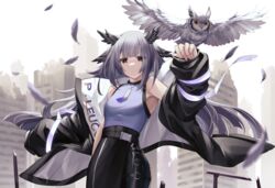  arknights bare_shoulders bird black_jacket black_skirt brown_eyes city commentary cowboy_shot female grey_hair head_wings highres jacket long_hair looking_at_viewer off_shoulder official_alternate_costume open_clothes open_jacket outdoors owl pencil_skirt ptilopsis_(arknights) purple_shirt shirt skirt sleeveless sleeveless_shirt solo standing very_long_hair wings yan_lie 