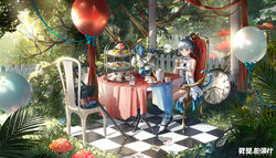  alice_in_wonderland animal_ears argyle_clothes argyle_socks balloon bambinata:_vitrum_(punishing:_gray_raven) bambinata_(punishing:_gray_raven) black_hair blue_eyes blunt_bangs braid braided_hair_rings cane card cat_ears cat_girl cat_tail checkered_floor collar copyright_name cup day detached_collar doll_joints female fence flower food frilled_collar frills hat highres holding holding_cup holding_saucer joints kneehighs looking_at_viewer mechanical_arms mechanical_legs mechanical_parts medium_hair multicolored_hair mushroom outdoors picture_frame playing_card punishing:_gray_raven saucer scenery sitting socks solo table tail teacup top_hat vase white_hair white_socks wooden_fence zeklewa 