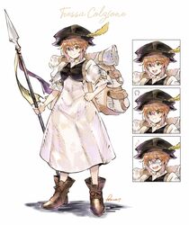  aubz bag brown_hair dress expressions female full_body green_eyes hat highres looking_at_viewer octopath_traveler octopath_traveler_i open_mouth polearm short_hair simple_background smile spear tressa_colzione weapon 