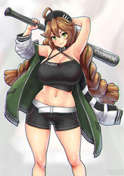  ahoge arknights arm_up bare_shoulders baseball_bat belt blush braid breasts brown_hair choker cleavage commission cuora_(arknights) erkaz female green_eyes green_jacket hat highres holding holding_baseball_bat jacket large_breasts long_hair midriff navel shorts solo very_long_hair 