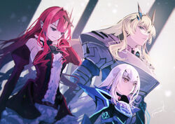  3girls armor armored_dress baobhan_sith_(fate) baobhan_sith_(first_ascension)_(fate) bare_shoulders barghest_(fate) barghest_(first_ascension)_(fate) blonde_hair blue_armor blue_dress breastplate breasts brown_eyes center_frills detached_collar detached_sleeves dress earrings fate/grand_order fate_(series) fomnant forked_eyebrows frills gauntlets green_eyes grey_eyes highres horns jewelry large_breasts long_hair melusine_(fate) melusine_(first_ascension)_(fate) multiple_girls pauldrons pink_hair pointy_ears red_dress short_dress shoulder_armor sidelocks small_breasts smile tiara white_hair 