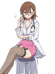  absurdres adjusting_eyewear black_garter_straps breasts brown_eyes brown_hair brown_thighhighs closed_mouth collarbone collared_shirt commentary_request crossed_legs dated doctor female garter_straps glasses hair_between_eyes hand_on_eyewear hand_on_own_elbow highres lab_coat long_bangs long_sleeves looking_at_viewer medium_hair misaka_imouto_10032 official_alternate_costume pencil_skirt pink-framed_eyewear pink_skirt semi-rimless_eyewear shirt sitting skirt small_breasts solo sparkle stethoscope swivel_chair takatisakana thighhighs toaru_kagaku_no_railgun toaru_majutsu_no_index white_background white_shirt 