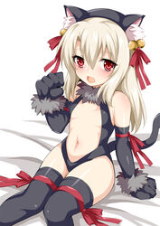  animal_ears animal_hands bell black_gloves black_leotard black_thighhighs blonde_hair breasts cat_ears cat_tail center_opening commentary_request elbow_gloves fate/kaleid_liner_prisma_illya fate_(series) female gloves highleg highleg_leotard illyasviel_von_einzbern illyasviel_von_einzbern_(beast_style) jingle_bell leotard long_hair looking_at_viewer navel official_alternate_costume paw_gloves red_eyes red_ribbon ribbon simple_background sitting small_breasts smile tail thighhighs thighs toshishikisai white_background 