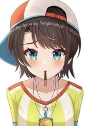  absurdres aqua_eyes backwards_hat baseball_cap blush brown_hair collarbone female food hat highres hisui_(user_zvkr2432) hololive jewelry looking_at_viewer mouth_hold necklace oozora_subaru oozora_subaru_(1st_costume) pocky pocky_day pocky_kiss shirt short_hair simple_background solo striped_clothes striped_shirt swept_bangs tilted_headwear vertical-striped_clothes vertical-striped_shirt virtual_youtuber white_background 