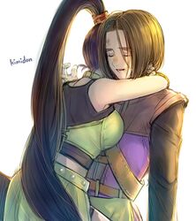  1boy artist_name black_shirt brown_hair bruise bruise_on_face commentary_request dragon_quest dragon_quest_xi female green_shirt green_skirt hero_(dq11) high_ponytail hug injury kimidori_(kimidoriri) long_hair martina_(dq11) ponytail purple_hair shirt skirt very_long_hair white_background 