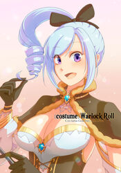  black_bow black_cape black_dress black_gloves blue_hair bow breasts brooch cape cleavage commentary_request dress drill_hair drill_ponytail female fur-trimmed_cape fur_trim gloves gold_trim hairbow high_ponytail highres holding holding_wand jewelry large_breasts looking_at_viewer medium_hair official_alternate_costume open_mouth ponytail purple_eyes ragnarok_online saishichi smile solo strapless strapless_dress two-tone_dress upper_body wand warlock_(ragnarok_online) white_dress 