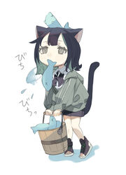  animal_ears animal_on_head black_bow black_bowtie black_footwear black_hair black_skirt boukou-chan_(tokiwata_soul) bow bowtie bucket cat_ears cat_girl cat_tail chibi collared_shirt commentary_request female fish full_body green_hair green_jacket grey_eyes highres jacket long_sleeves miniskirt mouth_hold multicolored_hair on_head original pleated_skirt shirt shoes short_hair simple_background skirt solo standing tail toeless_footwear tokiwata_soul two-tone_hair white_background white_shirt 