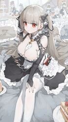  6+girls absurdres azur_lane bare_shoulders between_breasts black_dress black_nails blunt_bangs breasts bridal_gauntlets cake cleavage closed_mouth commentary_request dress feet_out_of_frame food formidable_(azur_lane) frilled_dress frills gothic_lolita grey_hair hair_ribbon hand_on_own_knee highres large_breasts lolita_fashion long_hair long_sleeves looking_at_viewer maid multiple_girls necktie necktie_between_breasts pantyhose red_eyes ribbon sentter sitting solo_focus twintails two-tone_dress two-tone_ribbon very_long_hair white_pantyhose 