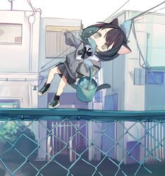  animal_ears animal_on_head black_bow black_bowtie black_footwear black_hair black_skirt boukou-chan_(tokiwata_soul) bow bowtie bucket carrying carrying_under_arm cat_ears cat_girl cat_tail chain-link_fence chibi collared_shirt commentary_request day falling female fence fish green_hair grey_jacket highres holding jacket long_sleeves mini_person minigirl mouth_hold multicolored_hair off_shoulder on_head original outdoors pleated_skirt shirt shoes short_hair skirt solo tail toeless_footwear tokiwata_soul two-tone_hair walking water white_shirt 