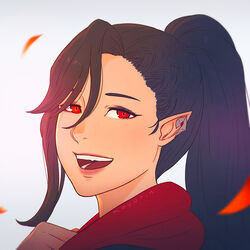  black_hair earrings elezen elf female final_fantasy final_fantasy_xiv hair_between_eyes hilda_ware hyur jewelry koyorin long_hair looking_at_viewer open_mouth pointy_ears ponytail portrait red_eyes scarf solo white_background 