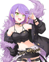  ;d absurdres alter_ego_malevolent_(granblue_fantasy) apple apple_core bare_shoulders belt black_belt black_choker black_jacket black_skirt blush breasts choker collarbone commentary cowboy_shot crop_top ear_piercing fangs felutiahime female fingernails fishnet_pantyhose fishnets food fruit fur_trim granblue_fantasy green_eyes green_nails highres holding holding_food holding_fruit hololive jacket medium_breasts midriff miniskirt multicolored_hair multicolored_nails musical_note nail_polish navel off_shoulder one_eye_closed open_mouth pantyhose piercing pink_hair purple_hair purple_nails short_hair simple_background single_leg_pantyhose skirt smile solo standing streaked_hair thigh_strap tokoyami_towa virtual_youtuber white_background 