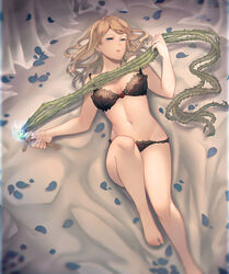  alternate_costume bad_id bad_pixiv_id black_bra black_clover black_panties blonde_hair blue_eyes blue_petals bra braid breasts breasts_apart charlotte_roselei female looking_at_viewer lying medium_breasts midriff navel on_back open_mouth panties petals rose_petals sanii side_braid solo stomach thorns underwear vine_whip whip 