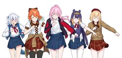  &gt;_&lt; 5girls :d beret black_jacket black_thighhighs blue_hair blue_skirt blunt_bangs bow brown_shirt brown_vest ciki_ciki_bam_bam clenched_hand closed_eyes clothes_around_waist commentary cowboy_shot dancing dasdokter english_commentary fins fish_tail gawr_gura gradient_hair green_hair hair_ornament hand_up hat highres hololive hololive_english holomyth jacket long_hair medium_hair mori_calliope multicolored_clothes multicolored_hair multicolored_jacket multiple_girls neck_ribbon neckerchief ninomae_ina&#039;nis official_alternate_costume open_clothes open_vest orange_hair outstretched_arm paripi_koumei parody pink_hair plaid plaid_bow plaid_skirt pleated_skirt pose purple_hair red_bow red_headwear red_jacket red_neckerchief red_ribbon red_skirt ribbon sailor_collar shark_hair_ornament shark_tail sharp_teeth shirt shirt_around_waist short_sleeves sidelocks simple_background skirt smile standing star_(symbol) streaked_hair tail takanashi_kiara teeth tentacle_hair thighhighs two_side_up upper_body v-shaped_eyebrows vest virtual_youtuber watson_amelia white_background white_hair white_shirt white_thighhighs wing_collar wrist_cuffs xd 