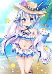  angora_rabbit animal bare_shoulders beach bikini bikini_skirt black_choker black_footwear blue_bikini blue_eyes blue_hair blue_ribbon blush brown_headwear bucket choker commentary day double_bun female flower gochuumon_wa_usagi_desu_ka? hair_between_eyes hair_bun hair_ornament hand_up hat hat_flower horizon in_bucket in_container jacket kafuu_chino layered_bikini long_sleeves looking_at_viewer navel ocean off_shoulder open_clothes open_jacket outdoors parted_lips photoshop_(medium) purple_flower rabbit ribbon rikatan sand sandals sidelocks sleeves_past_fingers sleeves_past_wrists standing standing_on_one_leg star_(symbol) sun_hat swimsuit tippy_(gochiusa) water white_bikini white_jacket x_hair_ornament 