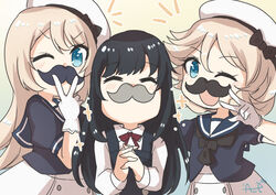  3girls ane_hoshimaru asashio_(kancolle) black_hair blonde_hair blue_dress blue_eyes blue_sailor_collar buttons closed_eyes commentary_request dress fake_facial_hair fake_mustache gloves hat highres janus_(kancolle) jervis_(kancolle) kantai_collection long_hair long_sleeves multiple_girls one_eye_closed parted_bangs sailor_collar sailor_dress sailor_hat shirt short_sleeves skirt suspender_skirt suspenders victory_pose white_gloves white_shirt 