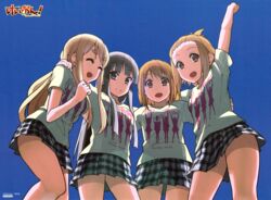  4girls absurdres akiyama_mio arm_around_back black_eyes black_hair blonde_hair breasts brown_eyes brown_hair closed_eyes copyright_name hand_on_another&#039;s_back hand_on_another&#039;s_shoulder hand_up highres hirasawa_yui k-on! kakifly kotobuki_tsumugi long_hair looking_at_viewer medium_breasts multiple_girls official_art open_mouth plaid plaid_skirt round_teeth scan shirt short_hair simple_background skirt smile tainaka_ritsu teeth thighs white_shirt 