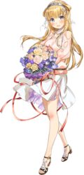  blonde_hair bouquet breasts double_bun dress female fletcher_(kancolle) flower full_body hair_bun hair_ornament hair_ribbon hairband holding holding_bouquet kantai_collection large_breasts long_hair net official_alternate_costume official_art purple_eyes ribbon skirt smile solo star_(symbol) star_hair_ornament transparent_background veil white_skirt zeco 