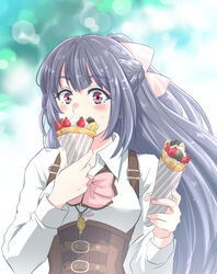  assault_lily belt belt_buckle blurry blurry_background blush bow bowtie braid brown_belt buckle character_name collared_shirt commentary_request corset covered_mouth crepe dated day eating female food fruit fukuyama_jeanne_sachie grey_hair hairbow half_updo hands_up happy_birthday highres holding holding_food jewelry long_hair long_sleeves looking_at_viewer ludvico_private_girls&#039;_academy_school_uniform necklace numanuma outdoors pendant pink_bow pink_bowtie pink_eyes school_uniform shirt solo strawberry suspenders sweatdrop twitter_username underbust upper_body white_shirt zipper_pull_tab 