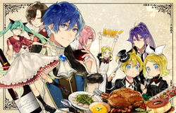  3boys 5girls :d :t ahoge alcohol apron aqua_hair ascot bad_end_night_(vocaloid) black_dress black_footwear black_jacket black_necktie black_socks blonde_hair blue_eyes blue_hair bottle bow brooch brown_hair brown_vest capelet cherry_tomato closed_eyes cross_tie cup curtained_hair detached_collar dress drinking_glass food fork framed full_body fur-trimmed_jacket fur_trim green_hair gumi hair_between_eyes hairbow hat hatsune_miku holding holding_cup holding_fork holding_knife holding_tray jacket japanese_clothes jewelry kagamine_len kagamine_rin kaito_(vocaloid) kamui_gakupo kimono knife long_hair looking_at_another looking_at_viewer maid maid_apron megurine_luka meiko_(vocaloid) mini_hat mini_top_hat multiple_boys multiple_girls necktie nozaki_tsubata outstretched_arms pink_hair ponytail pudding puffy_cheeks purple_hair red_capelet red_kimono ribbon shirt short_hair smile socks soup swept_bangs tomato top_hat tray turkey_(food) twintails upper_body vest vocaloid white_dress white_shirt wine wine_bottle wine_glass 