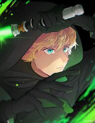  1boy animification black_background black_gloves blonde_hair blue_eyes closed_mouth energy_sword gloves green_background green_lightsaber green_theme highres jedi lightsaber luke_skywalker mxxnfish solo star_wars sword weapon 