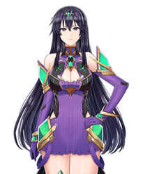  absurdres adapted_costume alternate_color ayra_(fire_emblem) bare_legs bare_shoulders black_hair breasts chest_jewel cleavage cleavage_cutout clothing_cutout cosplay cowboy_shot dress earrings elbow_gloves expressionless female fire_emblem fire_emblem:_genealogy_of_the_holy_war gloves grey_eyes hand_on_own_hip highres jewelry large_breasts long_hair looking_at_viewer mythra_(xenoblade) mythra_(xenoblade)_(cosplay) purple_dress purple_gloves saikunartworks short_dress simple_background solo tiara very_long_hair white_background xenoblade_chronicles_(series) xenoblade_chronicles_2 