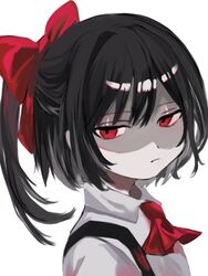  ascot black_hair bow closed_mouth collared_shirt cookie_(touhou) expressionless female hairbow hirunebu_oekaki looking_at_viewer looking_to_the_side medium_hair ponytail red_ascot red_bow red_eyes shaded_face shirt simple_background siyudi_(cookie) solo suspenders upper_body white_background white_shirt 