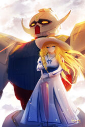  absurdres blonde_hair blush cosplay dianna_soreil dress drill_hair drill_sidelocks female floating_hair frown gundam hat head_tilt highres holding holding_umbrella kihel_heim kihel_heim_(cosplay) long_hair looking_at_viewer looking_up mecha mobile_suit rideth_mochi robot science_fiction sidelocks sun_hat turn_a_gundam turn_a_gundam_(mobile_suit) umbrella white_dress white_headwear yellow_eyes 