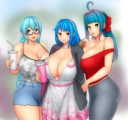  3girls ahoge aqua_hair blue_eyes blue_hair blue_shorts blunt_bangs blurry blurry_background borrowed_character breasts brown_eyes camisole cleavage commentary dress drink drinking english_commentary erkaz floral_print glasses grey_camisole hair_ribbon hand_up highres holding holding_drink huge_breasts inchou_(kaitsu_tokiyas) long_hair looking_at_viewer midriff multiple_girls navel original print_dress ran_(kaitofuuma) red_eyes red_ribbon ribbon rina_atherina semi-rimless_eyewear shirt_tucked_in shorts sidelocks smile under-rim_eyewear very_long_hair watashi_no_inchou_desu!! white_dress 