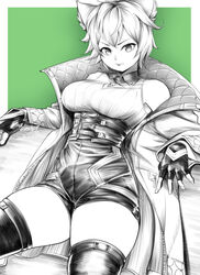  animal_ears bare_shoulders breasts cat_ears cat_girl chest_jewel clothing_cutout core_crystal_(xenoblade) crystal diamond_cutout female fingerless_gloves gloves greyscale_with_colored_background high-waist_shorts highres jacket looking_at_viewer medium_breasts messy_hair monochrome na&#039;el_(xenoblade) ravenhart romper short_hair short_shorts shorts simple_background solo thick_thighs thighhighs thighs xenoblade_chronicles_(series) xenoblade_chronicles_3 xenoblade_chronicles_3:_future_redeemed 