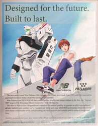  absurdres artist_name assault_visor av-98_ingram blue_eyes blue_pants brown_hair buchi_holes copyright_name english_text fake_ad highres izumi_noa jacket kidou_keisatsu_patlabor mecha new_balance open_hand pants parted_lips police retro_artstyle robot shield shoes short_hair smile sneakers strictly_mecha unworn_jacket 