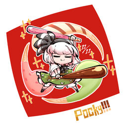  black_hairband black_ribbon chibi closed_eyes commentary dated dual_wielding english_text female food full_body green_skirt green_vest grey_hair hair_ribbon hairband hand_up hitodama_print holding holding_food holding_pocky kashuu_(b-q) konpaku_youmu mitsudomoe_(shape) neck_ribbon pocky pocky_day red_background ribbon shirt short_sleeves skirt solo sparkle strawberry_pocky tomoe_(symbol) touhou v-shaped_eyebrows vest white_background white_shirt wide_sleeves 