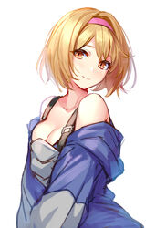  absurdres aki663 alternate_costume blonde_hair blush breasts brown_eyes cleavage collarbone commentary djeeta_(granblue_fantasy) female granblue_fantasy hairband highres looking_at_viewer parka short_hair simple_background smile solo white_background 