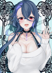  absurdres azur_lane bare_shoulders black_choker blue_hair breasts choker cleavage female foch_(azur_lane) foch_(rainbow_rendezvous)_(azur_lane) highres huge_breasts multicolored_hair musical_note off-shoulder_sweater off_shoulder official_alternate_costume open_mouth purple_hair red_eyes sheet_music short_hair_with_long_locks solo sweater two-tone_hair upper_body ville87804 white_sweater 