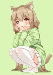  :p animal_ear_fluff animal_ears blush brown_hair cat_ears cat_girl cat_tail commentary constricted_pupils eyelashes female frilled_skirt frills full_body green_background green_sleeves green_sweater hair_between_eyes hair_ornament hands_on_own_face highres koruri-chan_(sora) lolicon long_hair long_sleeves looking_at_viewer no_shoes orange_eyes original scrunchie shadow simple_background skirt solo sora_(silent_square) squatting sweater tail thighhighs thighs tongue tongue_out twintails very_long_hair white_skirt white_thighhighs 