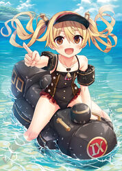  :d absurdres arm_support barefoot bell black_one-piece_swimsuit blonde_hair blue_sky blush brown_eyes casual_one-piece_swimsuit cloud collarbone commentary_request cura day dot_nose female fingernails flat_chest frilled_one-piece_swimsuit frills full_body hair_between_eyes hair_ornament hat highres horizon index_finger_raised inflatable_armbands inflatable_toy jewelry long_hair looking_at_viewer maitetsu necklace ocean official_art olivi_(maitetsu) one-piece_swimsuit outdoors outstretched_arm pointing pointing_at_viewer sky smile soaking_feet solo spaghetti_strap sparkle star_(symbol) straddling swimsuit thighs toes twintails visor_cap water wet 