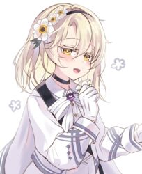  aged_down blonde_hair blush cape choker female flower girls&#039;_frontline gloves hair_between_eyes hair_flower hair_ornament hairband hexagram highres holding jacket jingo korean_commentary looking_at_viewer solo star_of_david x95_(girls&#039;_frontline) x95_(white_rose_girl)_(girls&#039;_frontline) yellow_eyes 