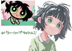  animification black_hair buttercup_(ppg) buttercup_redraw_challenge_(meme) commentary derivative_work female green_eyes green_shirt hair_behind_ear head_tilt highres magan0301 meme messy_hair pajamas powerpuff_girls reference_inset screenshot_inset screenshot_redraw shirt smile solo_focus translated white_background 