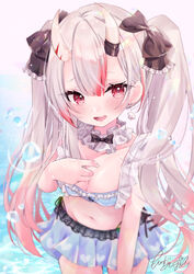  bad_id bad_twitter_id bikini bikini_skirt bow breasts breasts_day cleavage collar cowboy_shot earrings female frilled_collar frills gradient_hair hairbow hololive horns jewelry long_hair medium_breasts moizumi_shipon multicolored_hair nakiri_ayame nakiri_ayame_(hololive_summer_2019) navel official_alternate_costume oni open_mouth red_eyes red_hair seashell shell shell_earrings signature skin-covered_horns solo streaked_hair swimsuit twintails very_long_hair virtual_youtuber water white_hair 