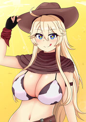  absurdres ahoge animal_print belt bikini bikini_top_only blonde_hair blue_eyes breasts cow_print cowboy_hat female fingerless_gloves gloves handkerchief hat highres huge_breasts iowa_(kancolle) kantai_collection long_hair looking_at_viewer navel poncho sidelocks simple_background smile solo star-shaped_pupils star_(symbol) swimsuit symbol-shaped_pupils the_only_shoe tongue tongue_out wristband 