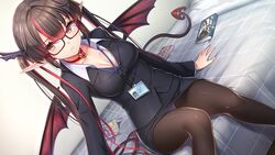  akasaai bed blush book brown_hair choker demon game_cg glasses long_hair lovelia panties pantyhose pointed_ears qureate skirt succubus tail troubledays twintails underwear wings 