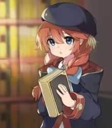  beret black_coat black_hat blue_bow blue_eyes blurry blurry_background book bow braid brown_hair coat commentary depth_of_field female hair_between_eyes hair_over_shoulder hat holding holding_book hood hood_down hooded_coat houjichaoic indoors long_hair long_sleeves parted_lips princess_connect! school_uniform single_braid solo st._theresa&#039;s_girls_academy_school_uniform twin_braids upper_body yuni_(princess_connect!) 