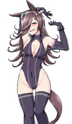  animal_ears arm_behind_head armpits arms_up ass_visible_through_thighs black_gloves black_hair black_sleeves black_thighhighs blush breasts cleavage commentary_request commission cosplay covered_navel deno_(denomina0) detached_sleeves ear_ornament female garter_straps gloves grey_hairband grey_leotard hair_over_one_eye hairband half-closed_eyes head_tilt highleg highleg_leotard highres horse_ears horse_girl horse_tail horseshoe_ornament leotard long_bangs looking_at_viewer medium_hair mihono_bourbon_(umamusume) mihono_bourbon_(umamusume)_(cosplay) necktie open_mouth partial_commentary pink_necktie purple_eyes rice_shower_(umamusume) simple_background single_horizontal_stripe skeb_commission skirt sleeveless smile solo standing tail tail_ornament thighhighs umamusume white_background 